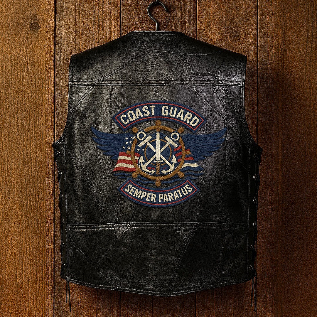 Premium USCG Veterans Custom Leather Motor Vest VPVC702110, Gifts For Coast Guard Veteran, Gifts On Father's Day, Veterans Day.