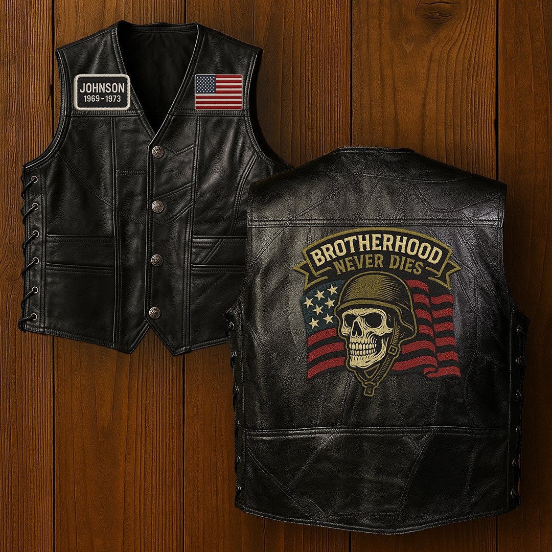Premium US Veterans Custom Leather Motor Vest VPVC702125, Gifts For US Veteran, Gifts On Father's Day, Veterans Day.