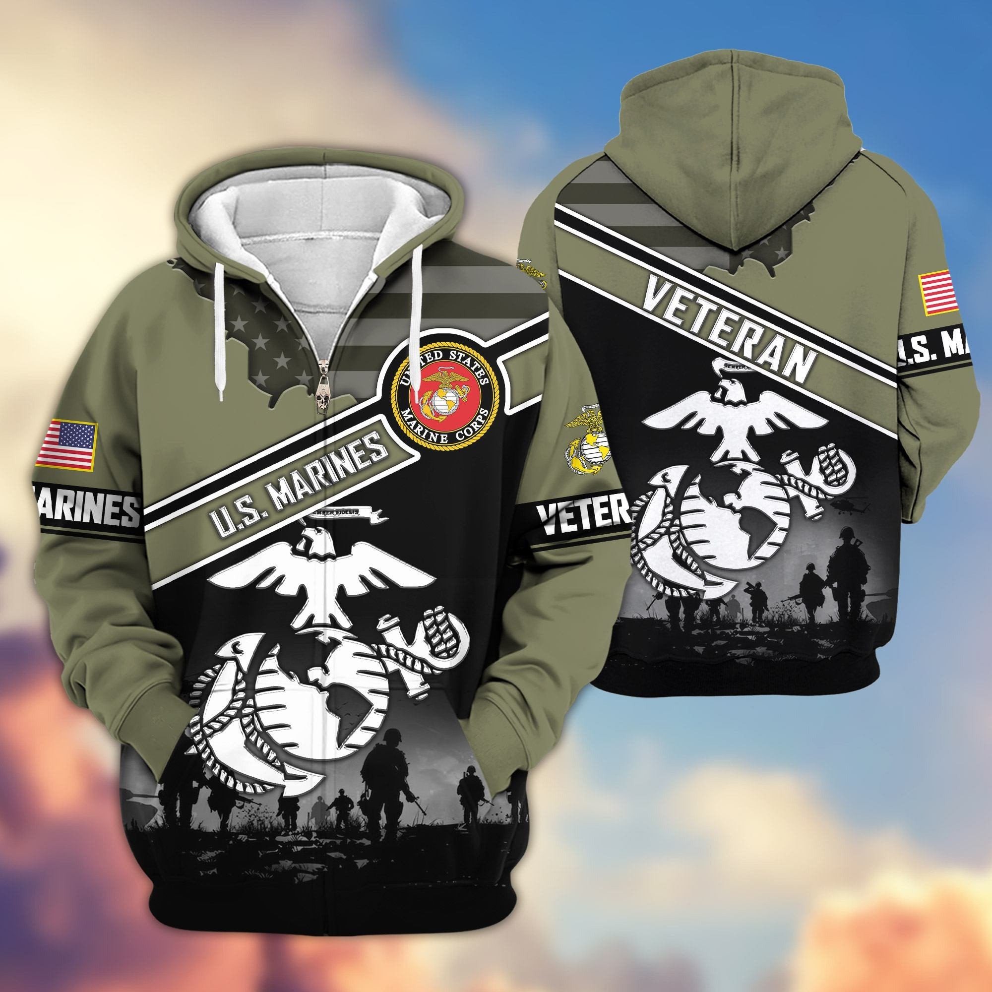Premium US Veterans Zip Hoodie ATTN040921, Gifts For US Veterans, Gifts On Father's Day, Veterans Day.
