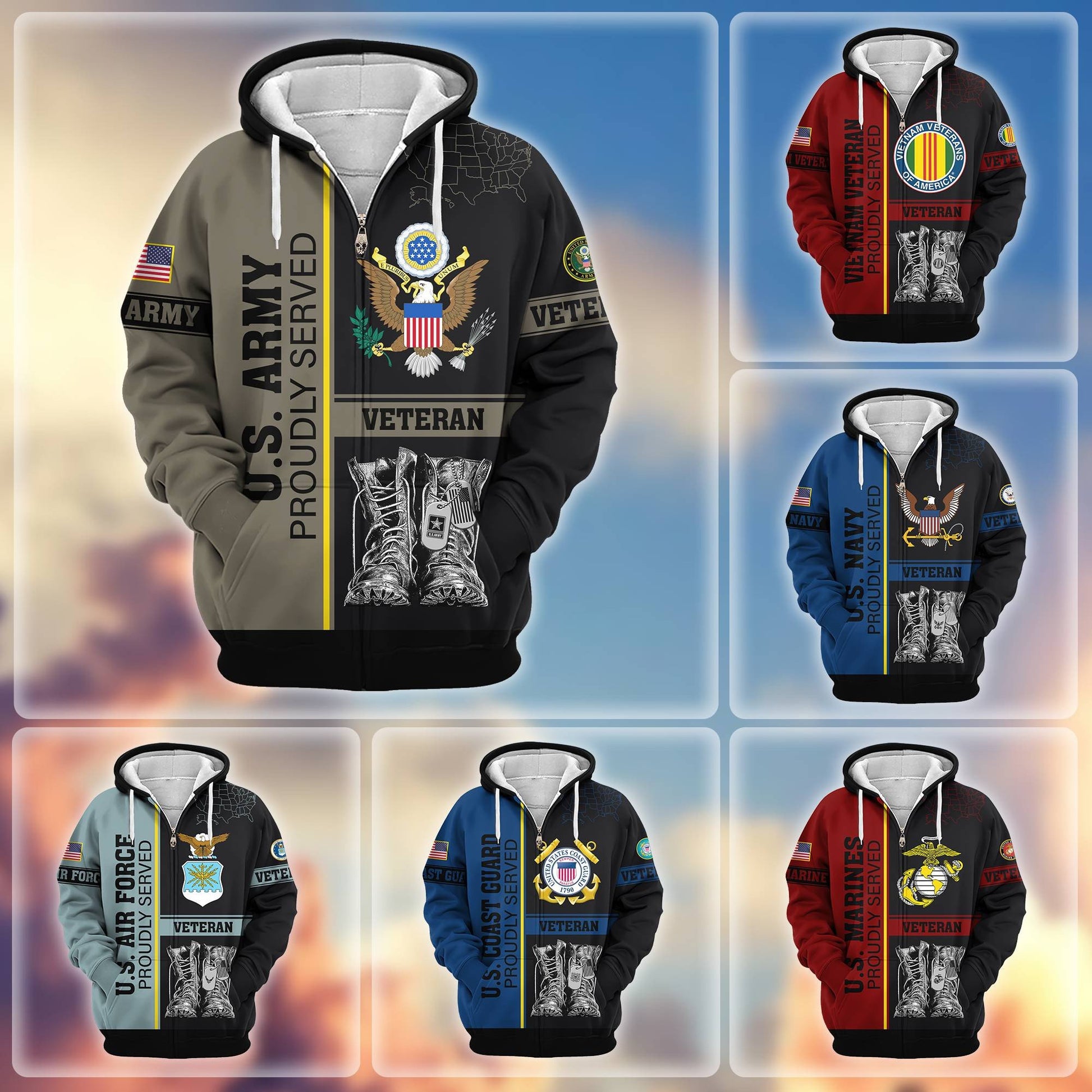 Premium US Veterans Zip Hoodie BPHN100911, Gifts For US Veterans, Gifts On Father's Day, Veterans Day.