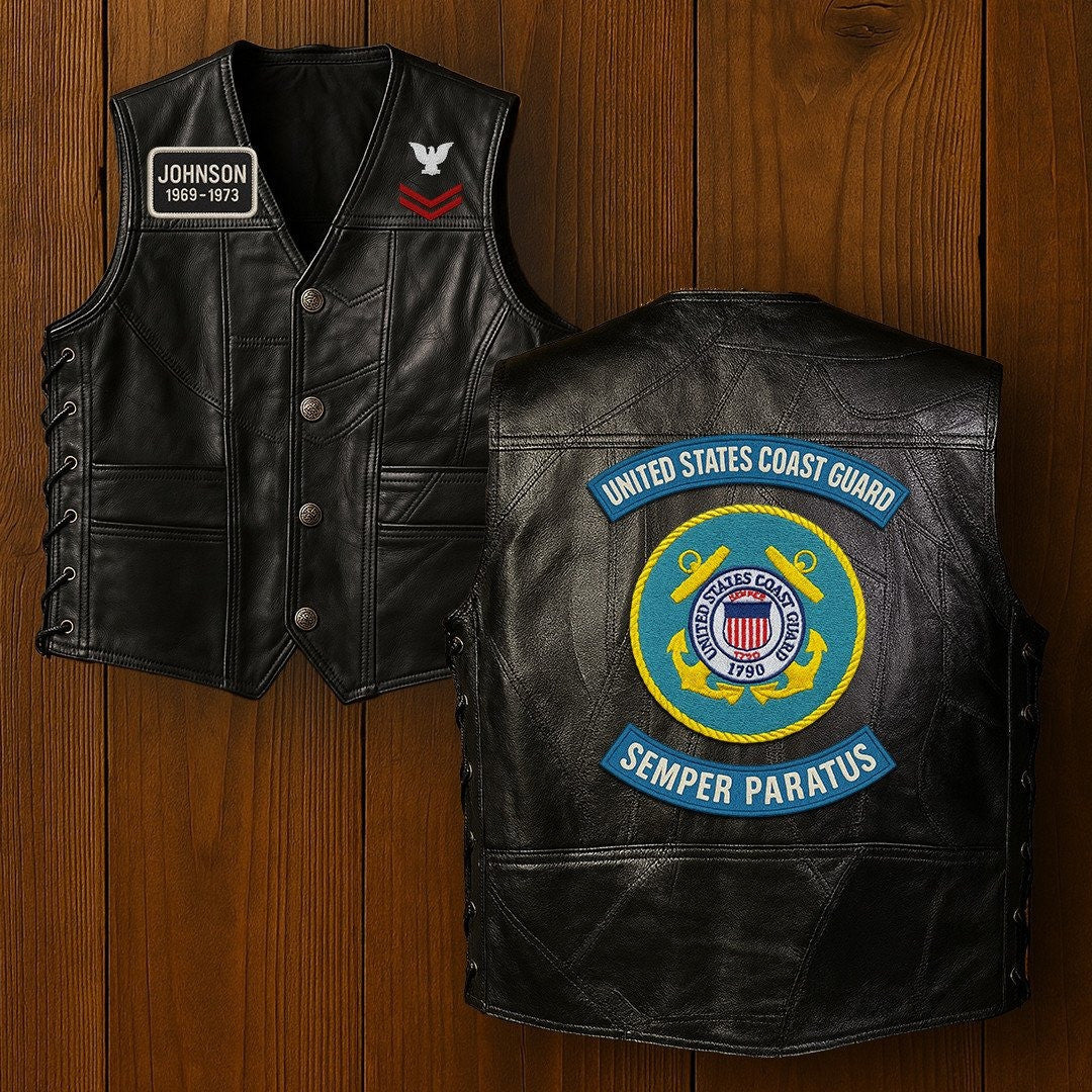 Premium USCG Veterans Custom Leather Motor Vest VPVC702127, Gifts For Coast Guard Veteran, Gifts On Father's Day, Veterans Day.