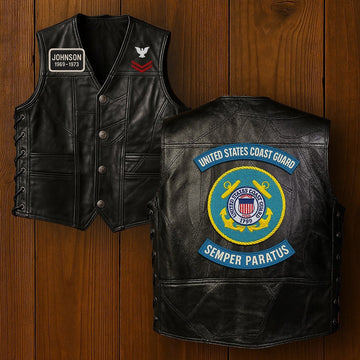 Premium USCG Veterans Custom Leather Motor Vest VPVC702127, Gifts For Coast Guard Veteran, Gifts On Father's Day, Veterans Day.