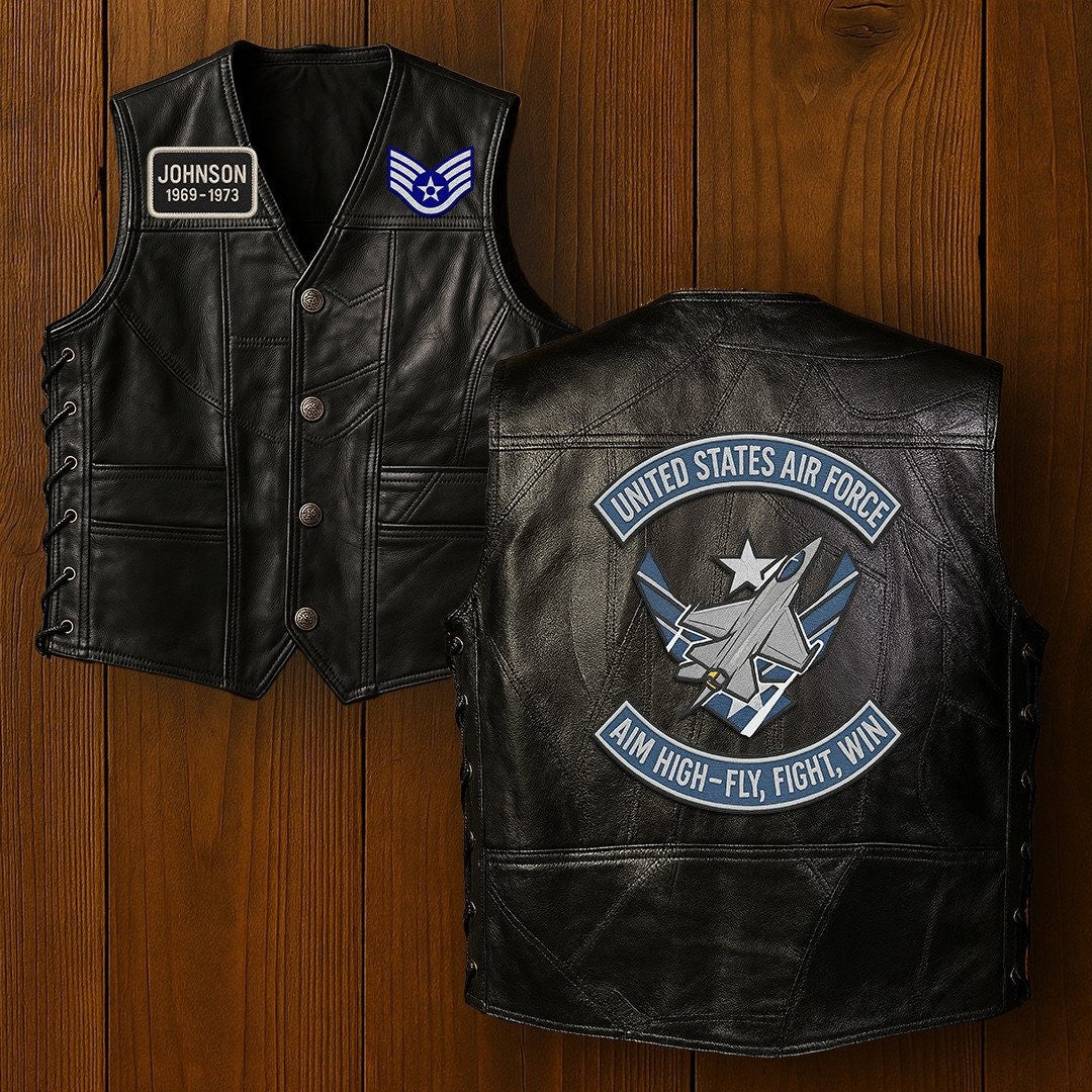 Premium USAF Veterans Custom Leather Motor Vest VPVC702128, Gifts For Air Force Veteran, Gifts On Father's Day, Veterans Day.