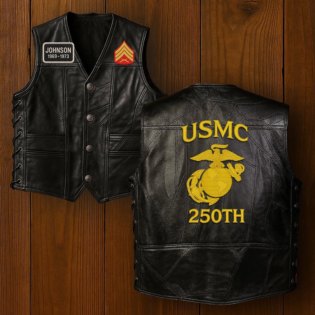 Premium USMC Veterans Custom Leather Motor Vest VPVC702136, Gifts For Marine Veteran, Gifts On Father's Day, Veterans Day.