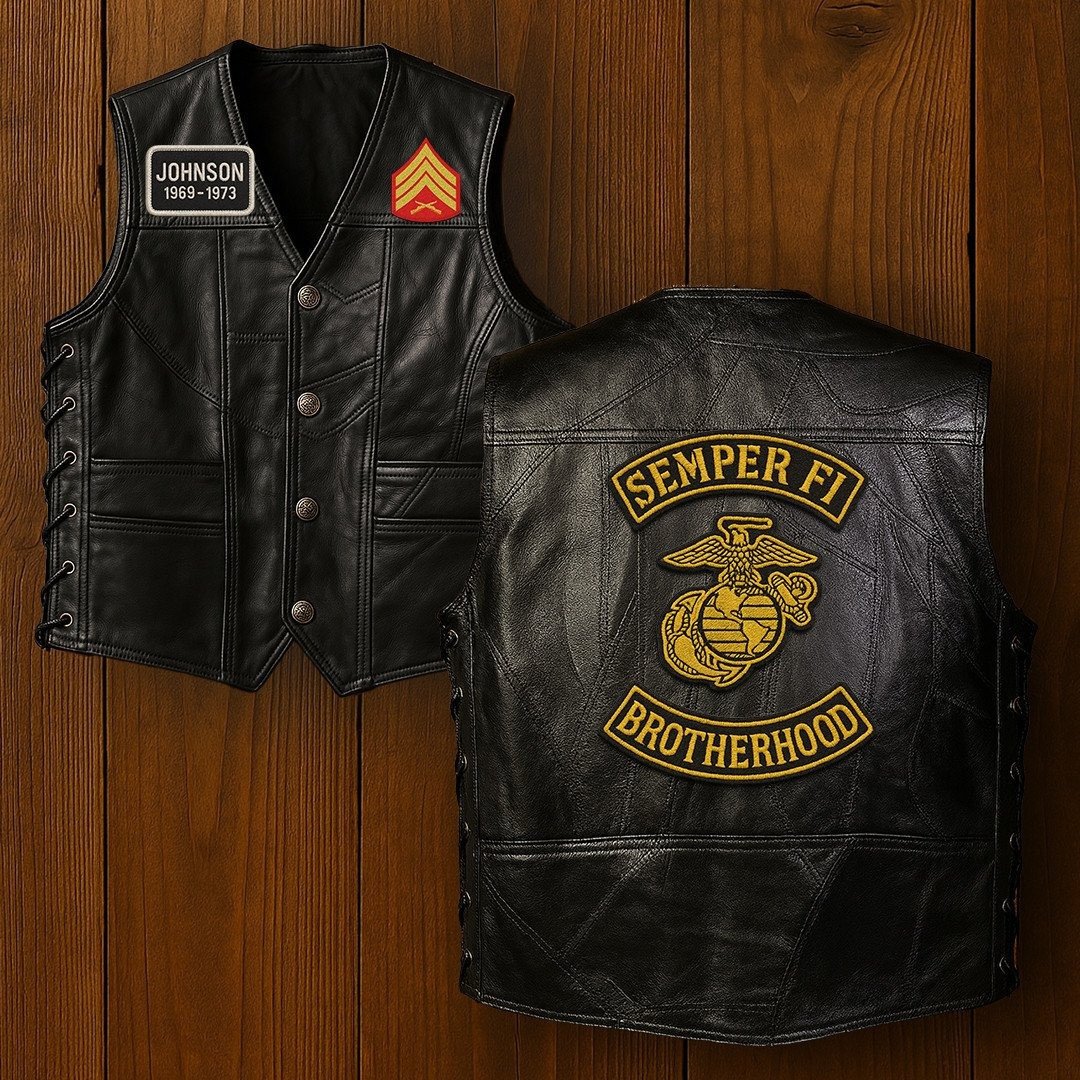 Premium USMC Veterans Custom Leather Motor Vest VPVC702137, Gifts For Marine Veteran, Gifts On Father's Day, Veterans Day.
