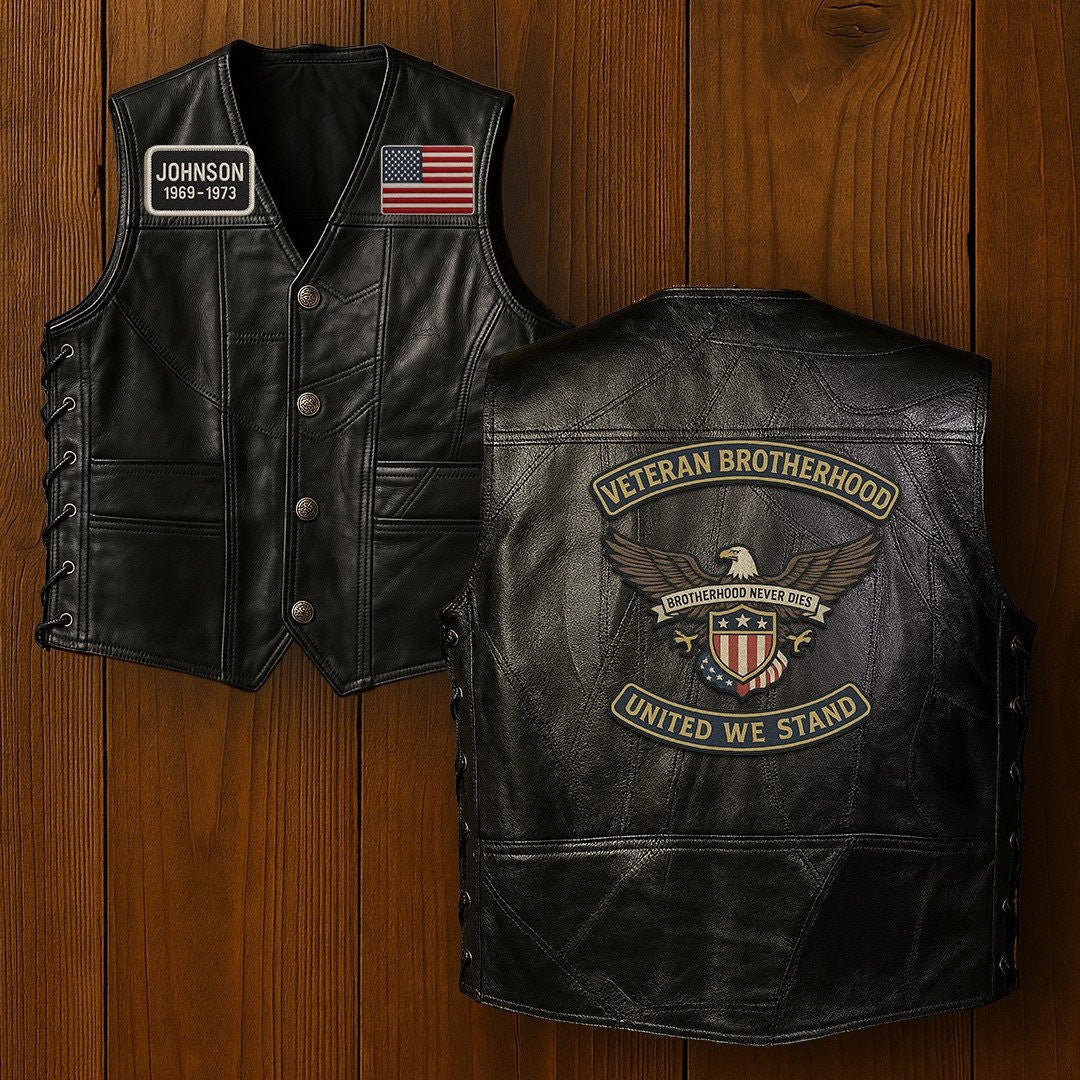 Premium US Veterans Custom Leather Motor Vest VPVC702138, Gifts For US Veteran, Gifts On Father's Day, Veterans Day.