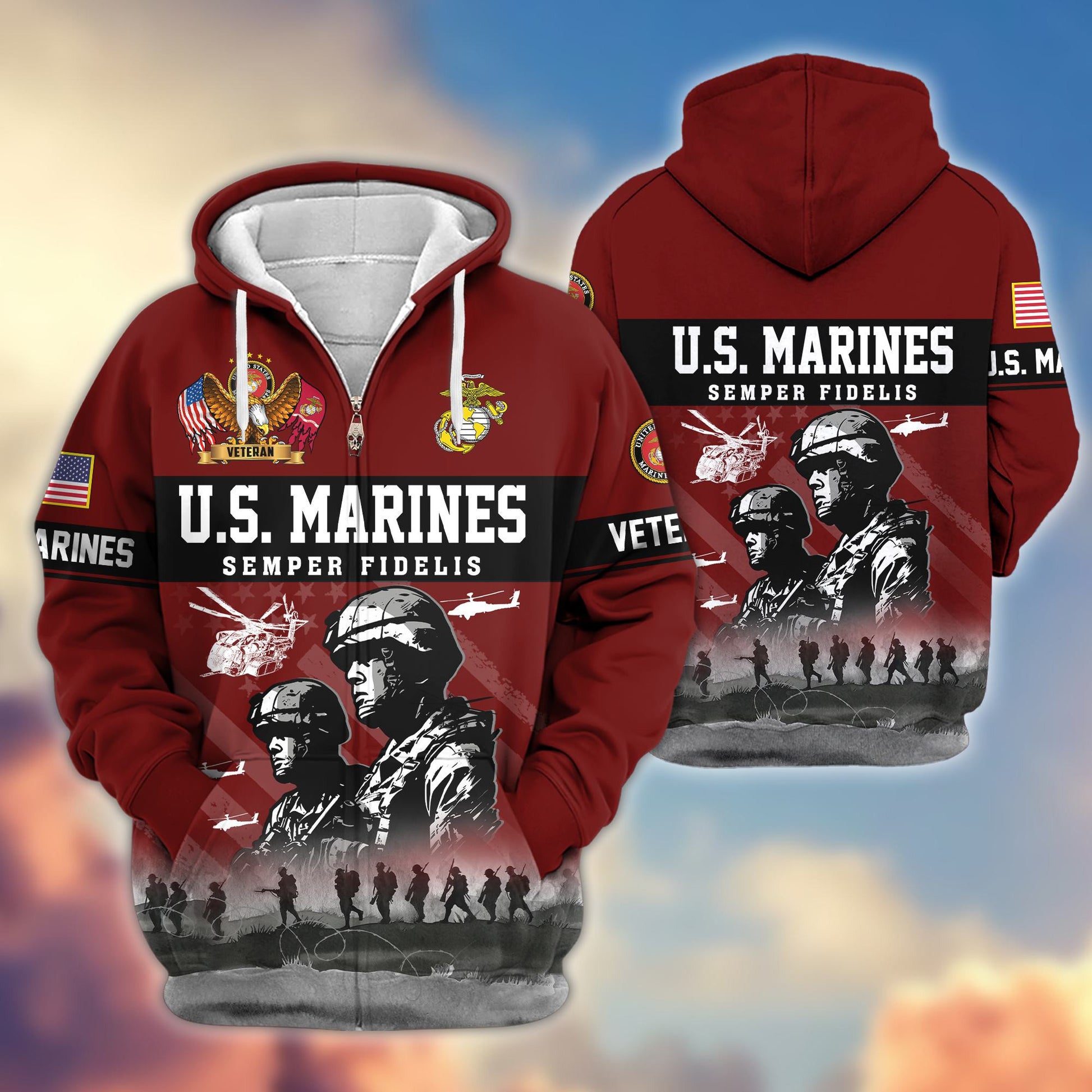 Premium US Veterans Zip Hoodie BPHN170911, Gifts For US Veterans, Gifts On Father's Day, Veterans Day.