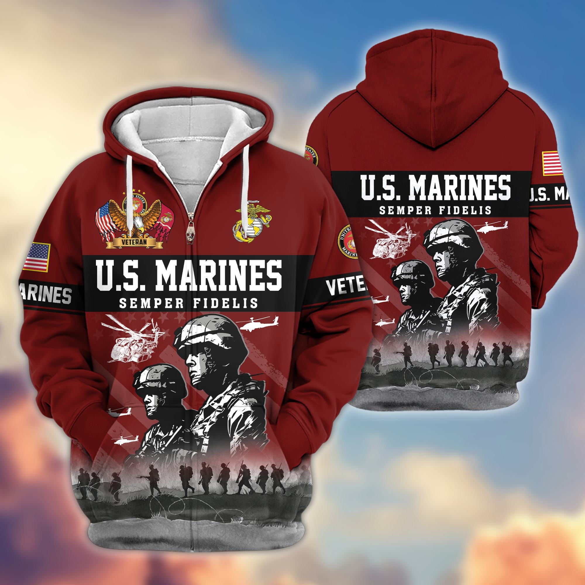 Premium US Veterans Zip Hoodie BPHN170911, Gifts For US Veterans, Gifts On Father's Day, Veterans Day.