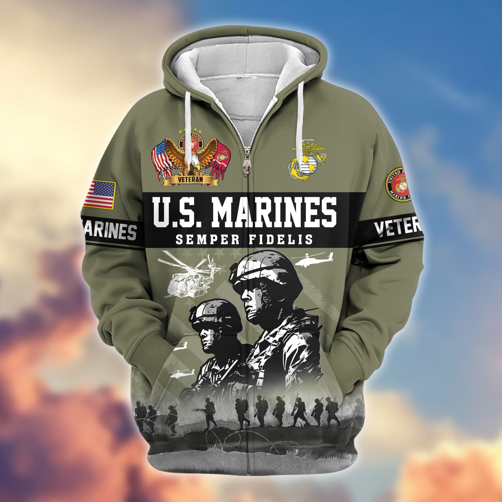 Premium US Veterans Zip Hoodie BPHN170911, Gifts For US Veterans, Gifts On Father's Day, Veterans Day.