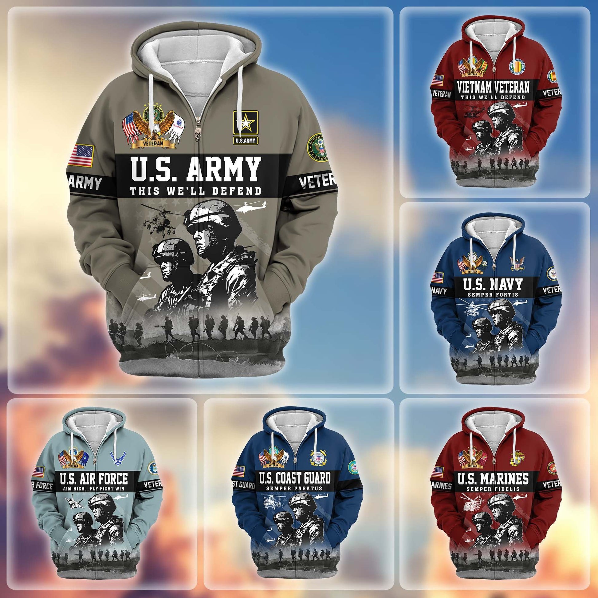 Premium US Veterans Zip Hoodie BPHN170911, Gifts For US Veterans, Gifts On Father's Day, Veterans Day.