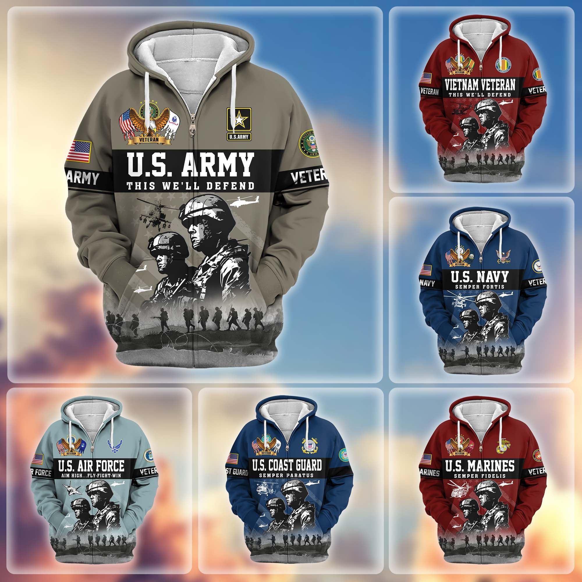 Premium US Veterans Zip Hoodie BPHN170911, Gifts For US Veterans, Gifts On Father's Day, Veterans Day.