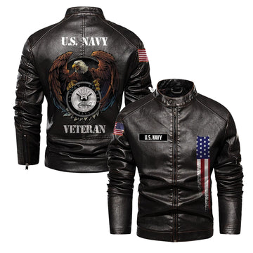 Premium US Navy Veteran Leather Jacket VPVC702306, Gifts For Navy Veteran, Gifts On Father's Day, Veterans Day.