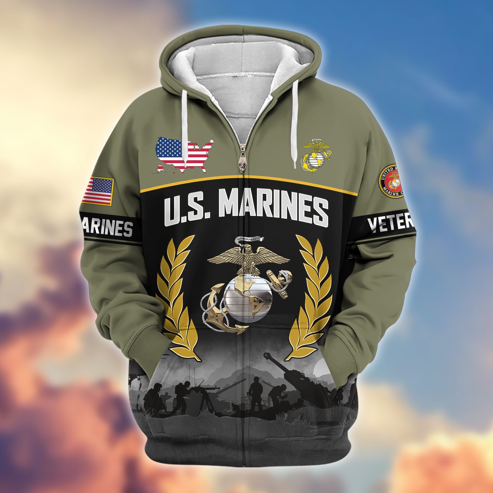Premium US Veterans Zip Hoodie BPHN170913, Gifts For US Veterans, Gifts On Father's Day, Veterans Day.