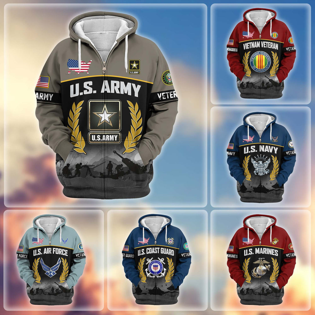 Premium US Veterans Zip Hoodie BPHN170913, Gifts For US Veterans, Gifts On Father's Day, Veterans Day.
