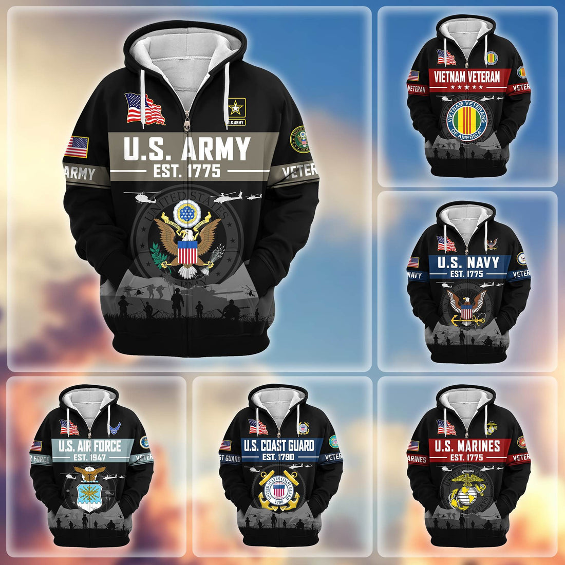 Premium US Veterans Zip Hoodie BPHN021011, Gifts For US Veterans, Gifts On Father's Day, Veterans Day.