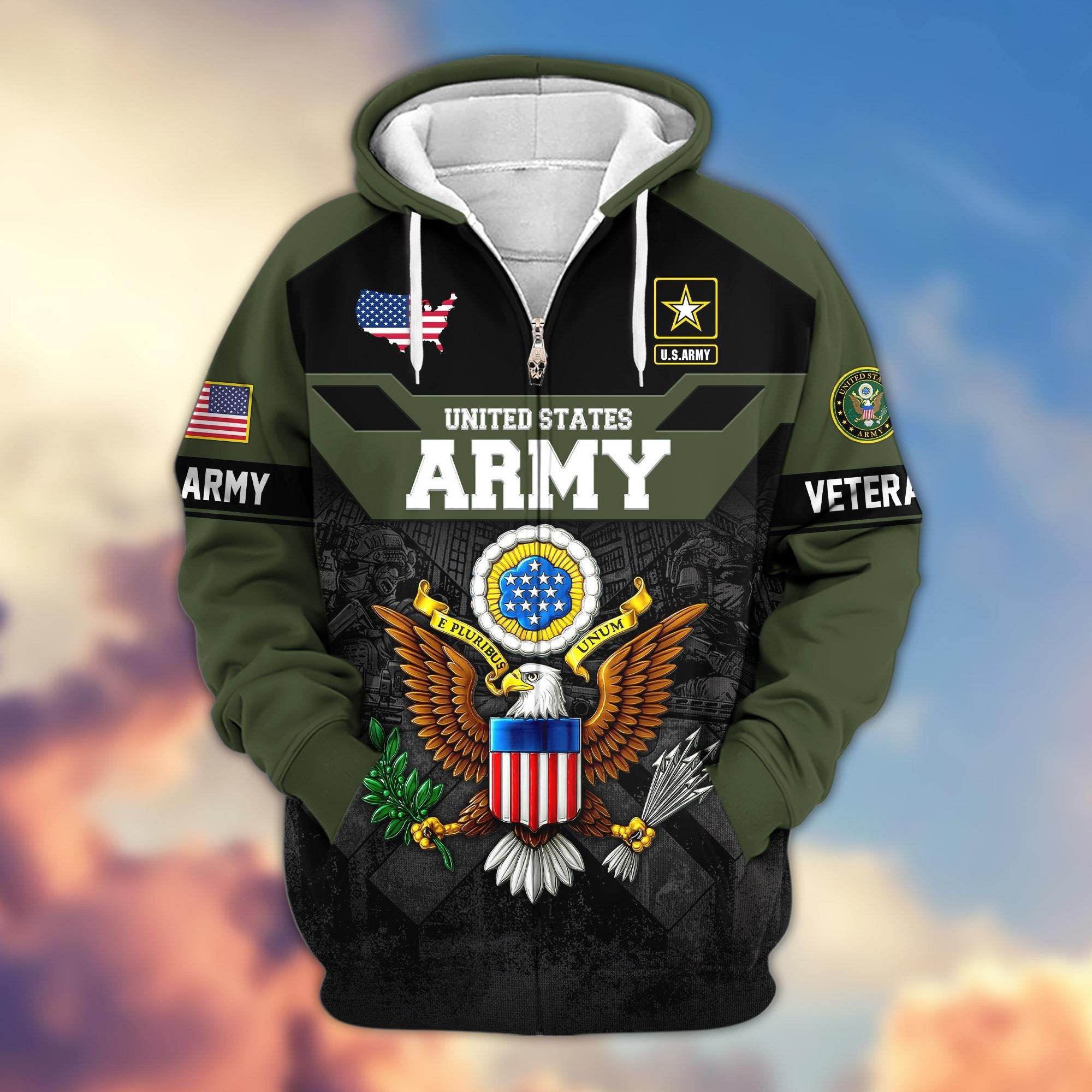Premium US Veterans Zip Hoodie ATTN011023, Gifts For US Veterans, Gifts On Father's Day, Veterans Day.