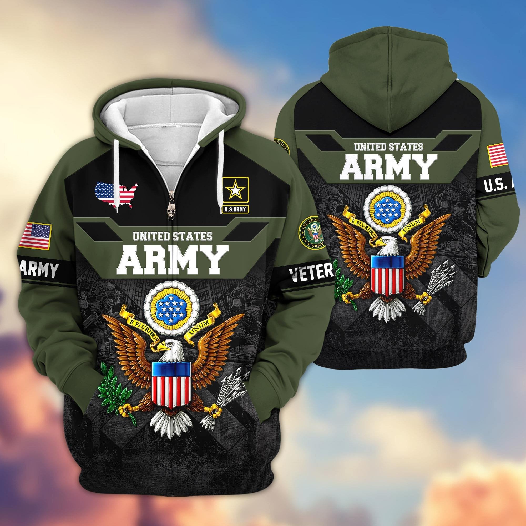 Premium US Veterans Zip Hoodie ATTN011023, Gifts For US Veterans, Gifts On Father's Day, Veterans Day.