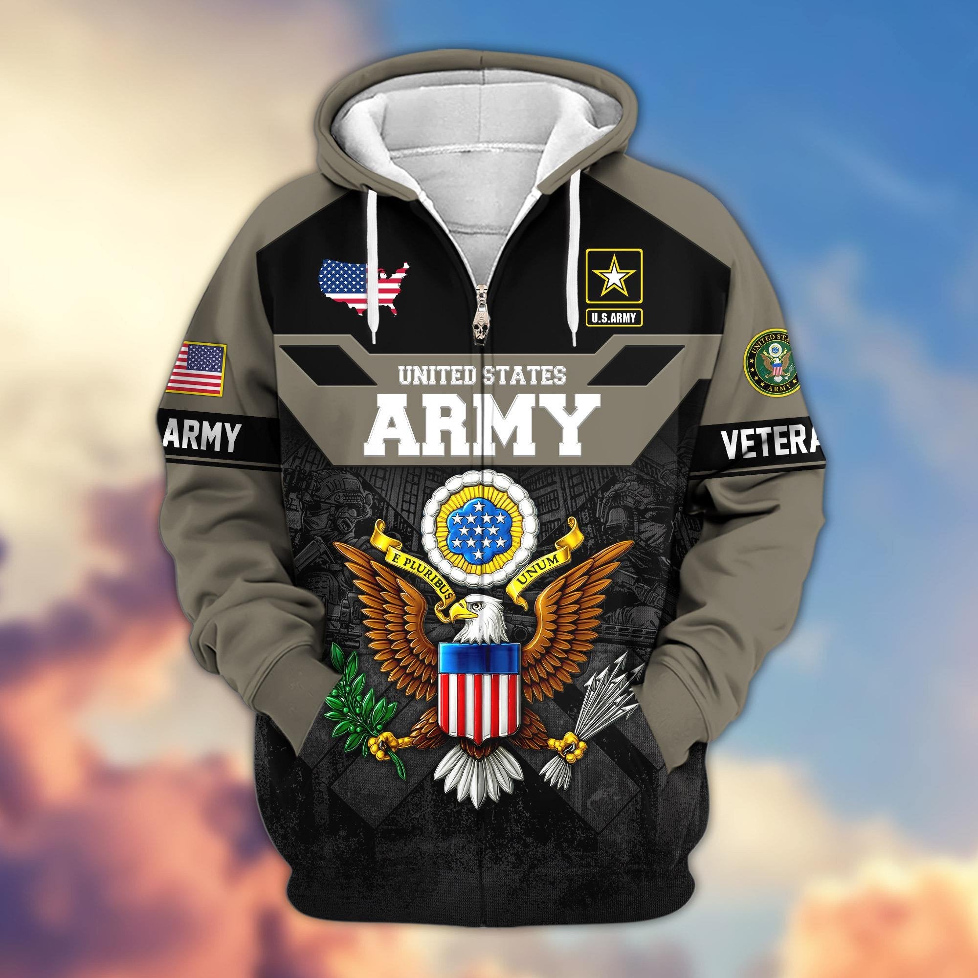 Premium US Veterans Zip Hoodie ATTN011023, Gifts For US Veterans, Gifts On Father's Day, Veterans Day.