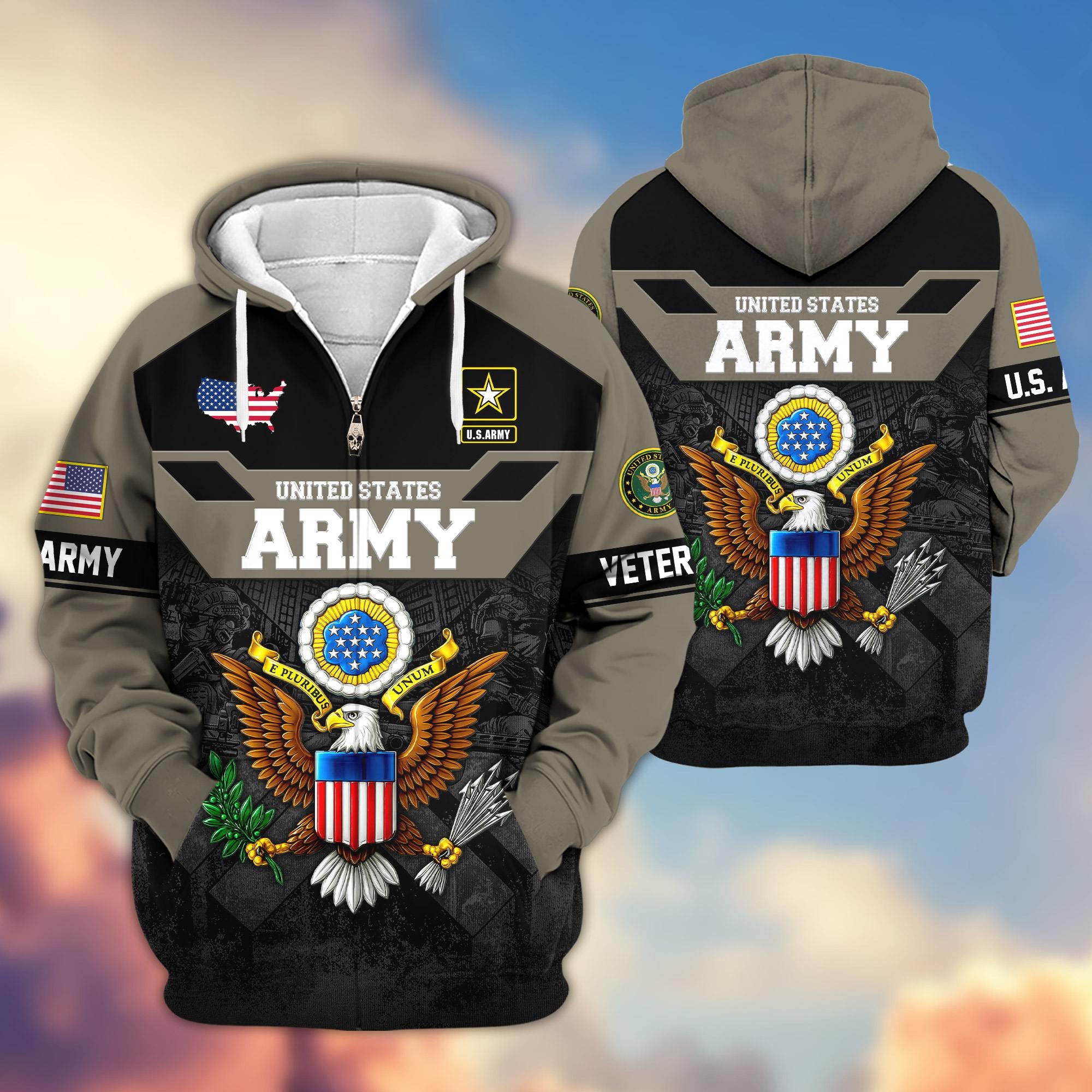 Premium US Veterans Zip Hoodie ATTN011023, Gifts For US Veterans, Gifts On Father's Day, Veterans Day.