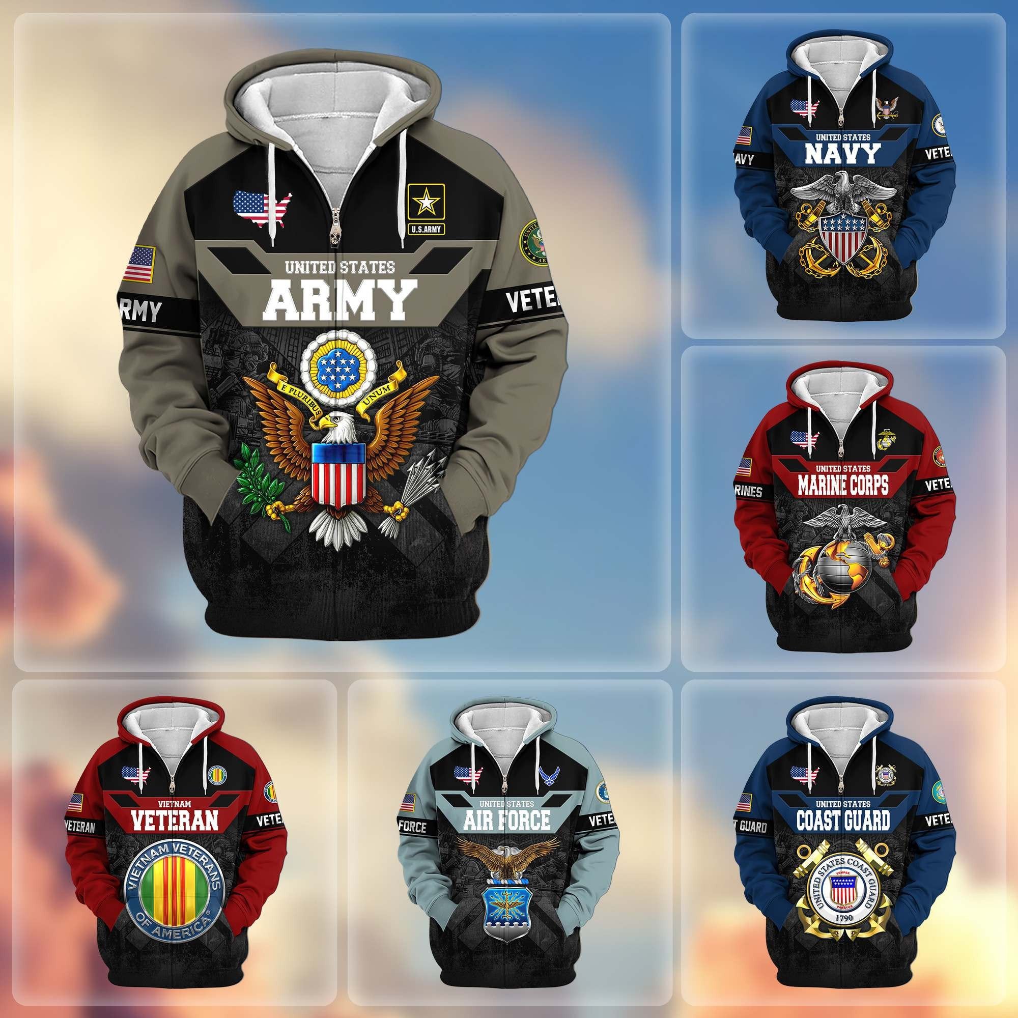 Premium US Veterans Zip Hoodie ATTN011023, Gifts For US Veterans, Gifts On Father's Day, Veterans Day.