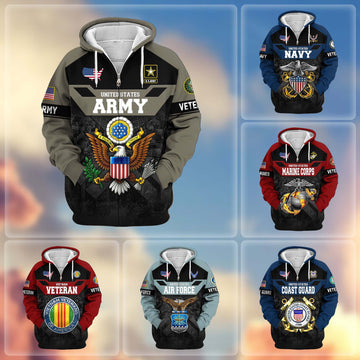 Premium US Veterans Zip Hoodie ATTN011023, Gifts For US Veterans, Gifts On Father's Day, Veterans Day.