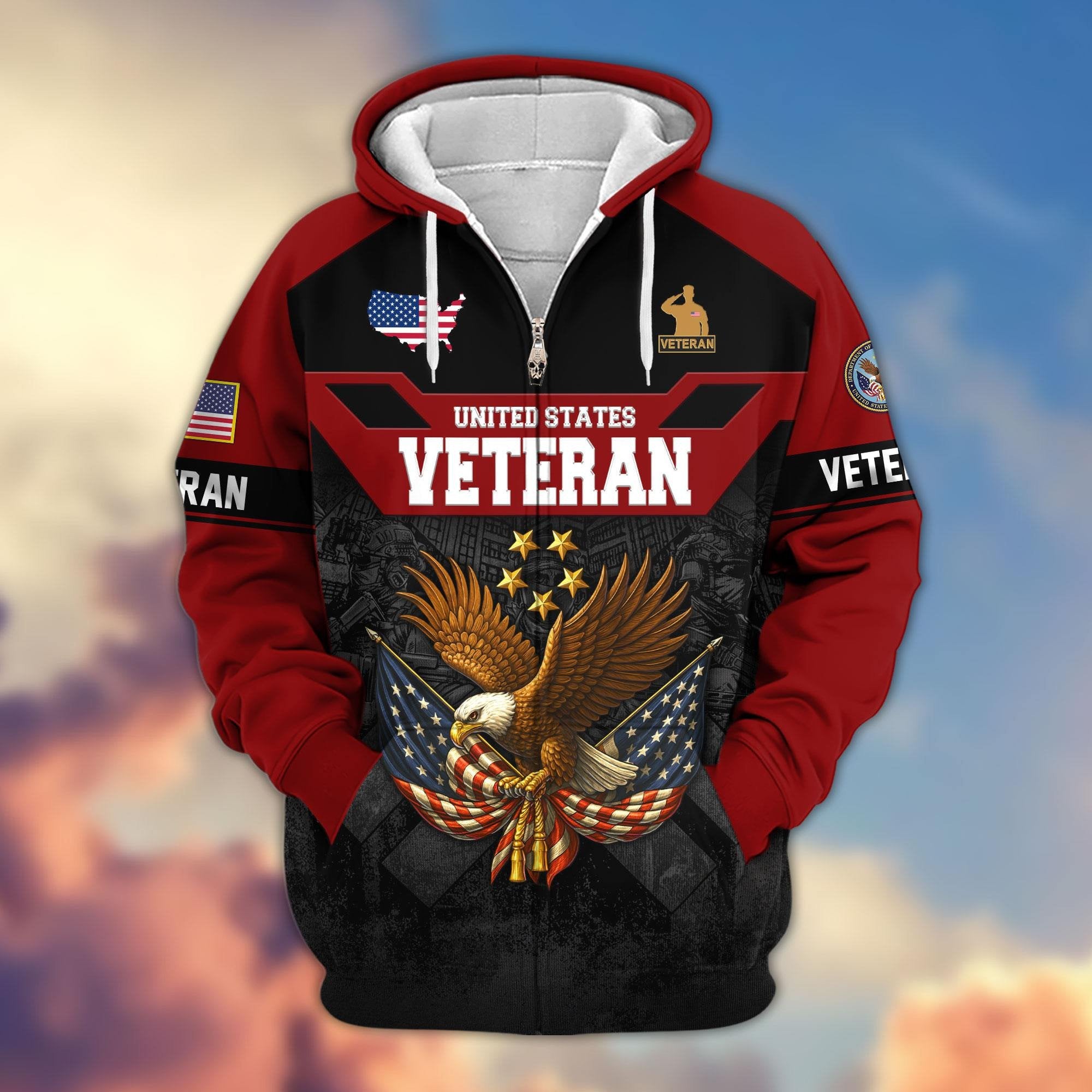 Premium US Veterans Zip Hoodie ATTN011023, Gifts For US Veterans, Gifts On Father's Day, Veterans Day.