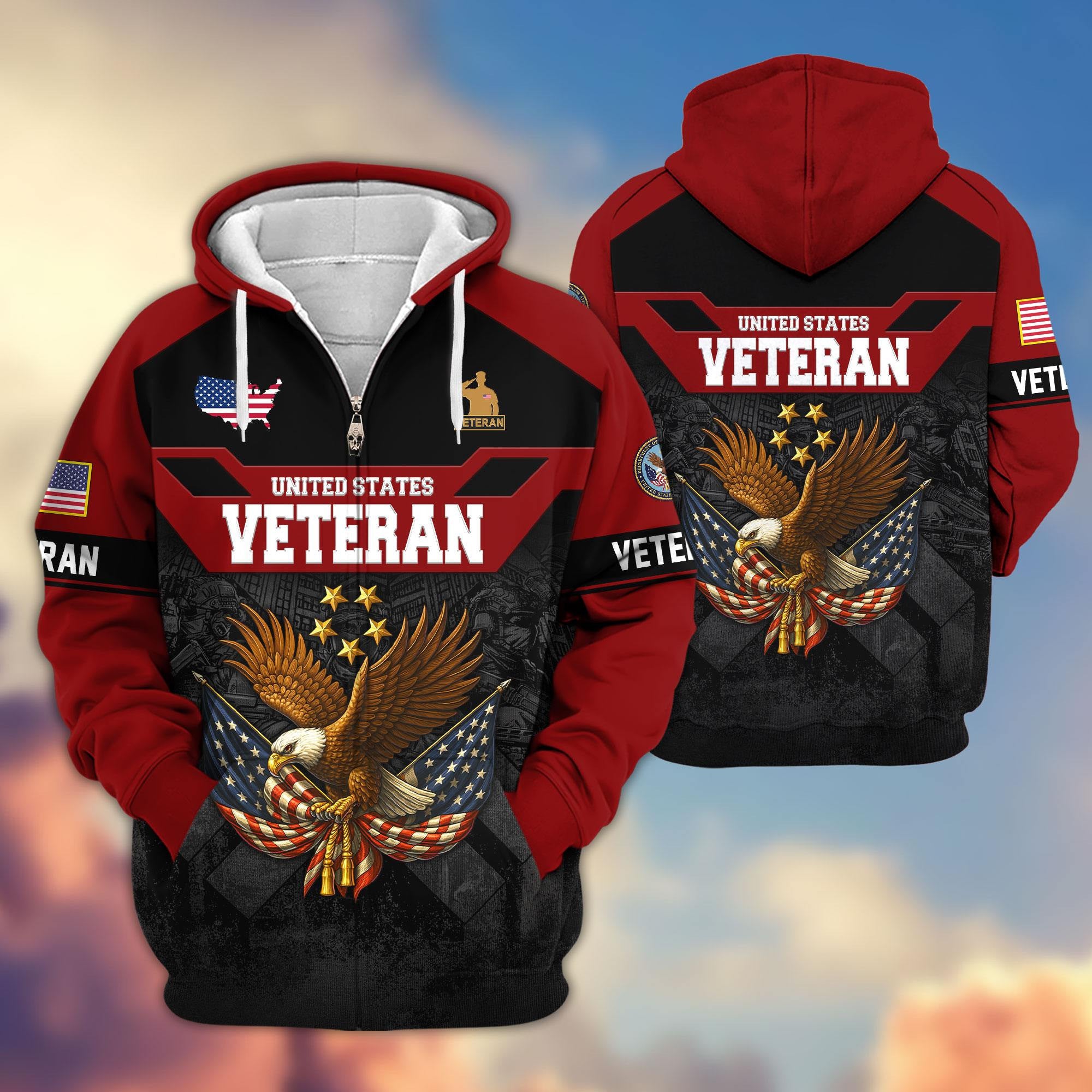 Premium US Veterans Zip Hoodie ATTN011023, Gifts For US Veterans, Gifts On Father's Day, Veterans Day.