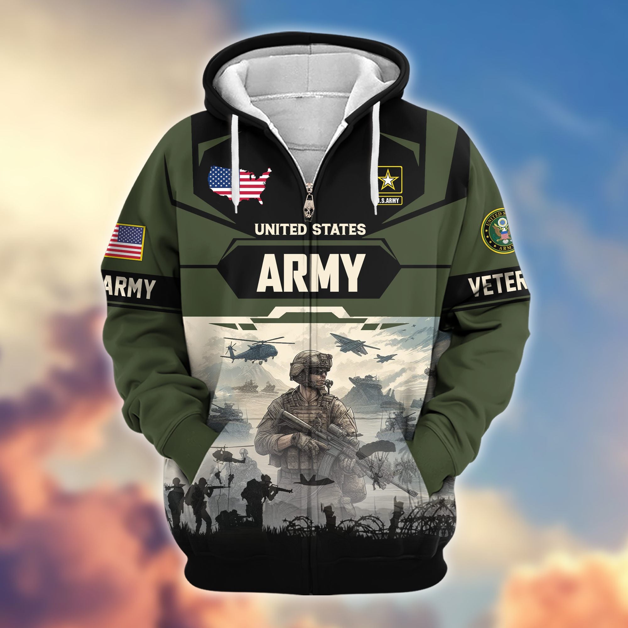 Premium US Veterans Zip Hoodie BPHN021014, Gifts For US Veterans, Gifts On Father's Day, Veterans Day.