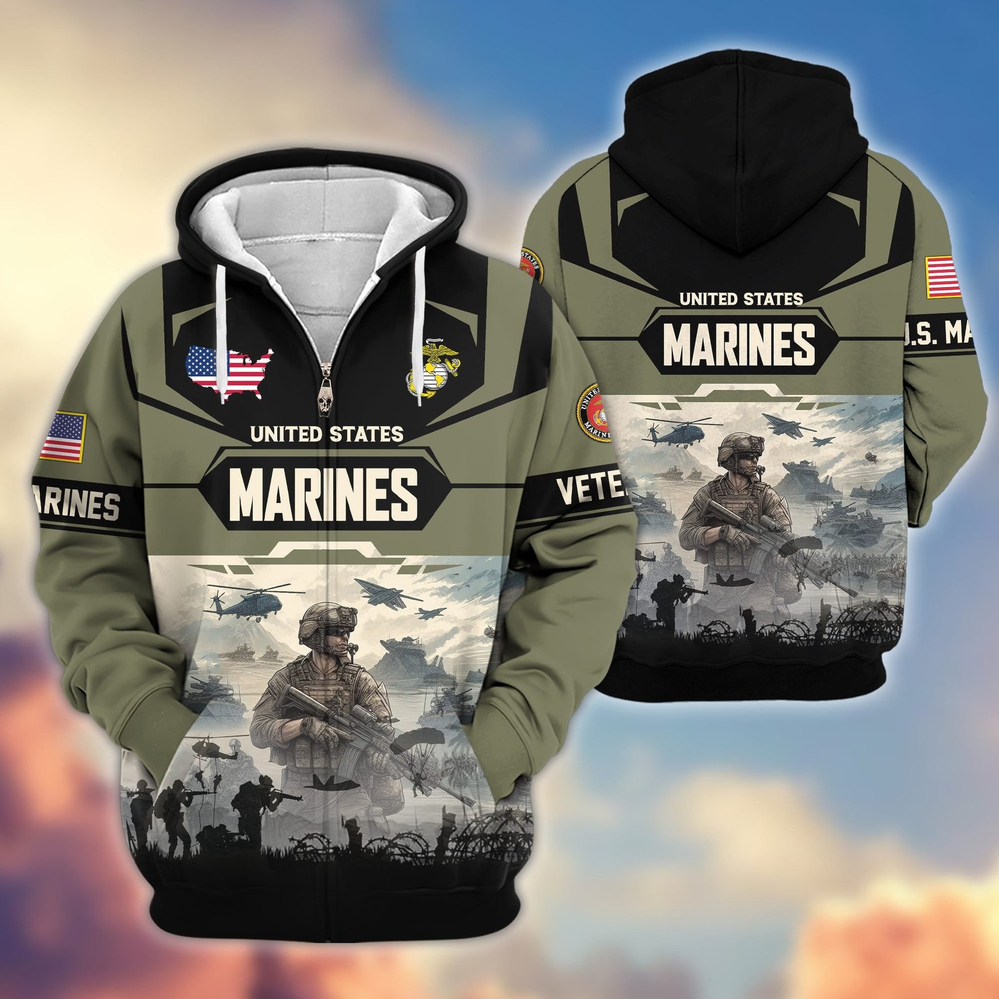 Premium US Veterans Zip Hoodie BPHN021014, Gifts For US Veterans, Gifts On Father's Day, Veterans Day.