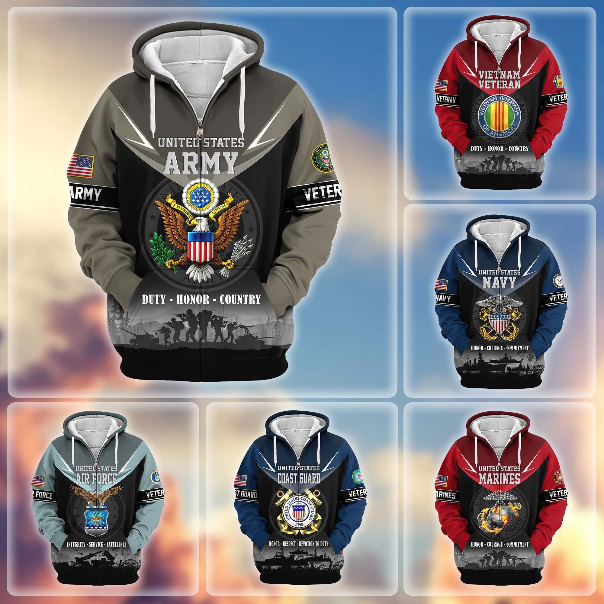 Premium US Veterans Zip Hoodie BPHN091012, Gifts For US Veterans, Gifts On Father's Day, Veterans Day.