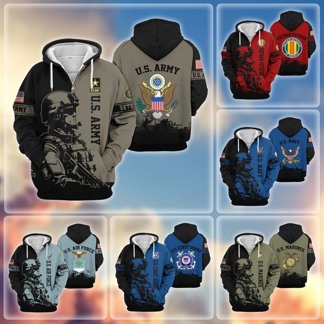 Premium US Veterans Zip Hoodie BPHN081013, Gifts For US Veterans, Gifts On Father's Day, Veterans Day.