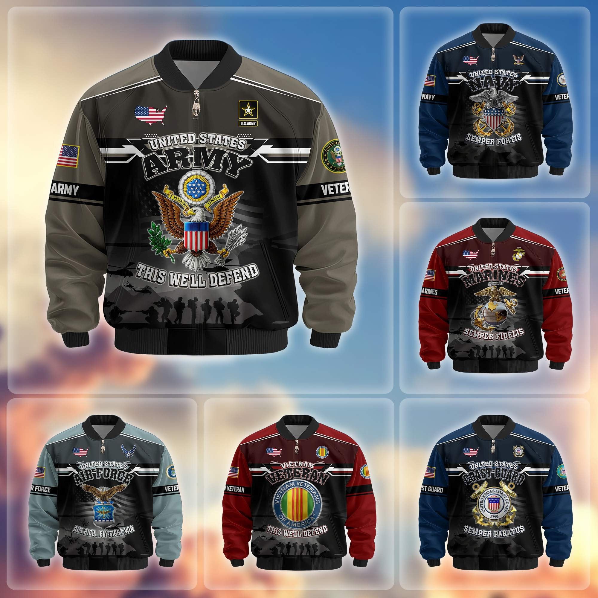 Premium US Veterans Bomber Jacket ATTN091022, Gifts For US Veterans, Gifts On Father's Day, Veterans Day.