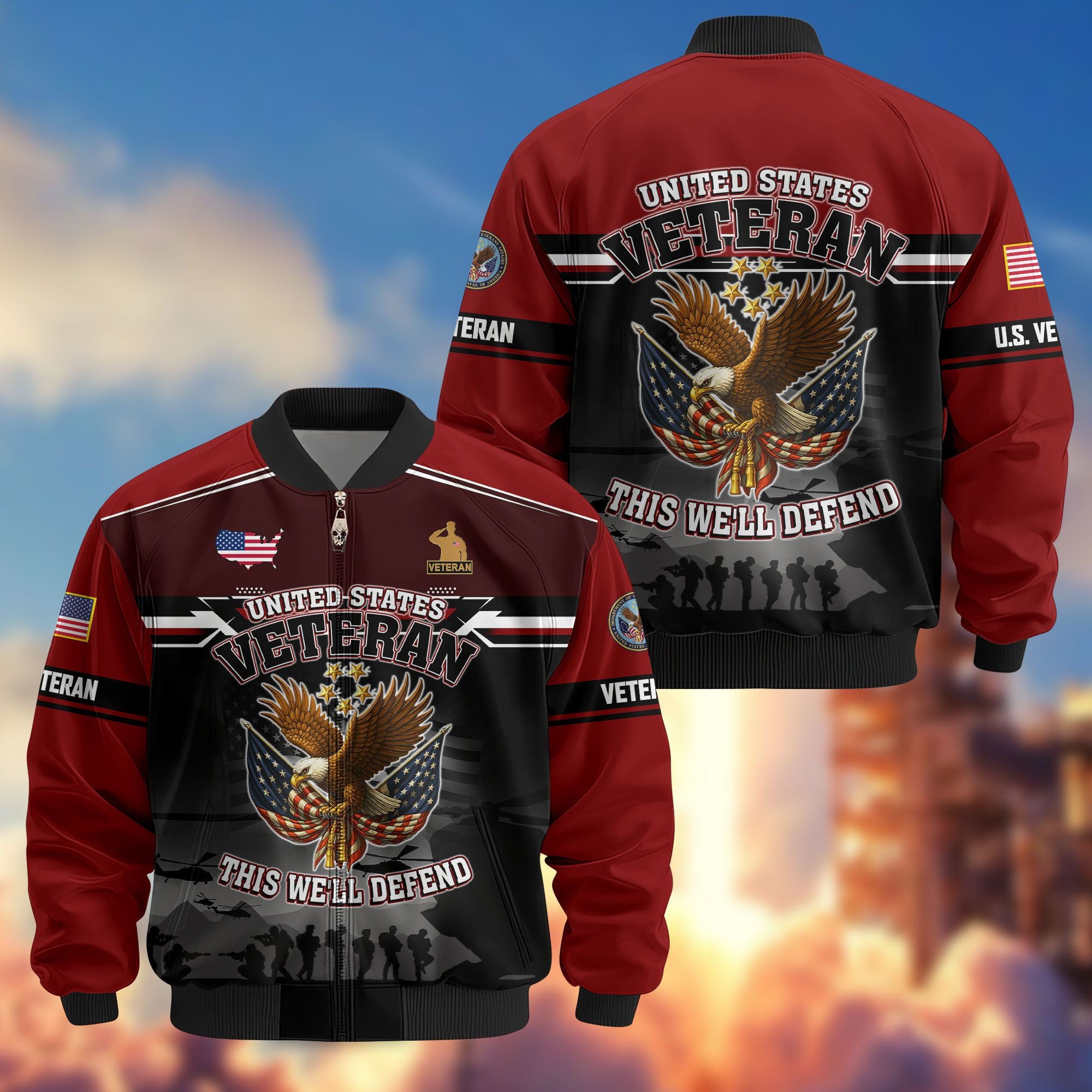 Premium US Veterans Bomber Jacket ATTN091022, Gifts For US Veterans, Gifts On Father's Day, Veterans Day.